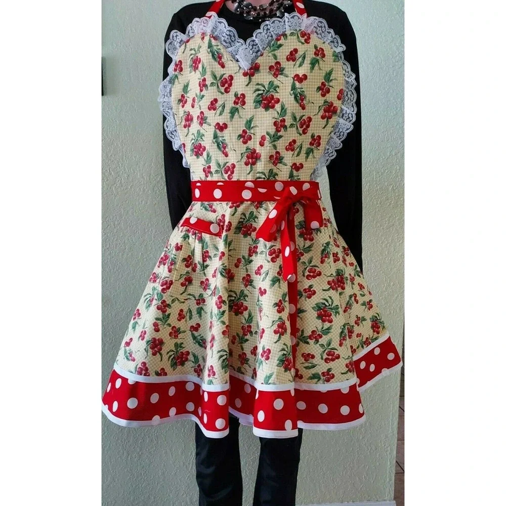 Women's Vintage style BIB APRON Cherries /Polka dots Pattern 1 Pocket - Picture 4 of 5